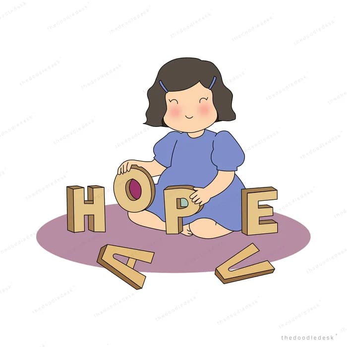 Girl kneeling on a rug arranging big wooden letters that spell hope