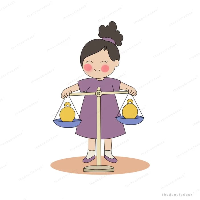 Girl in a purple dress standing with a balance scale resting across her outstretched arms