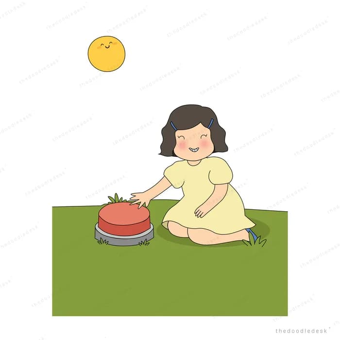 Girl kneeling on a green lawn opening a red suitcase under a smiling sun