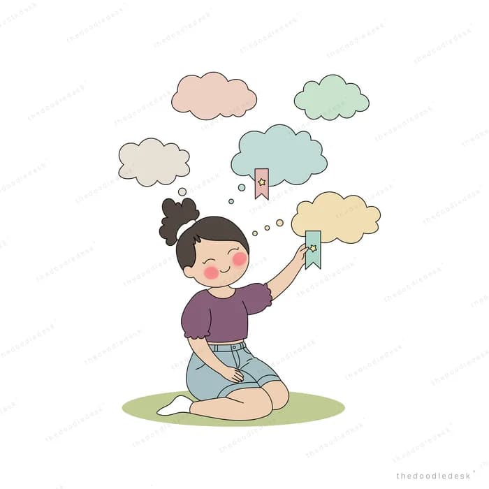 Girl kneeling on grass holding up a small yellow lamp toward pastel clouds