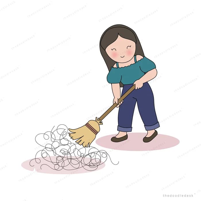 Girl sweeping a spill of black ink blobs off the floor with a broom