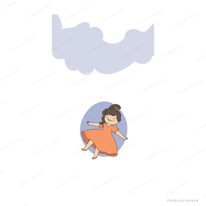 Small girl in an orange dress tumbling inside a blue circle far below a heavy grey cloud