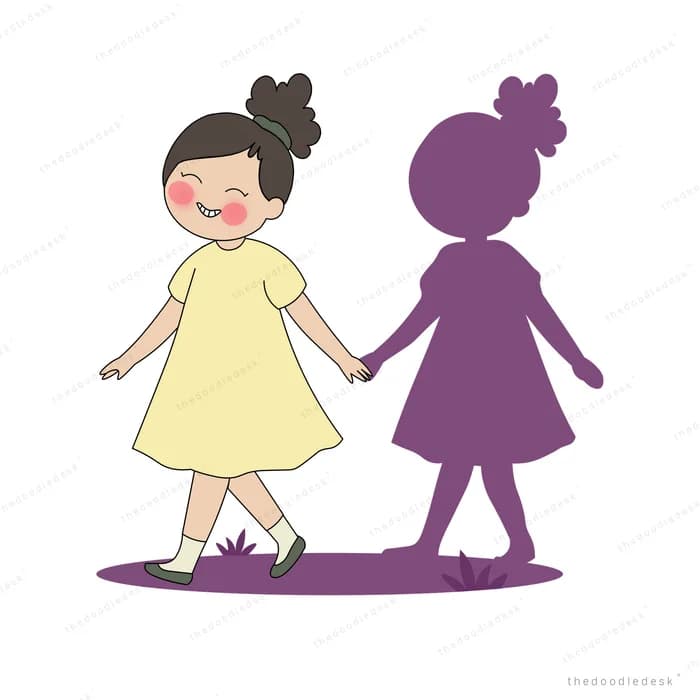 Girl in a yellow dress walking away from splashes of purple ink behind her