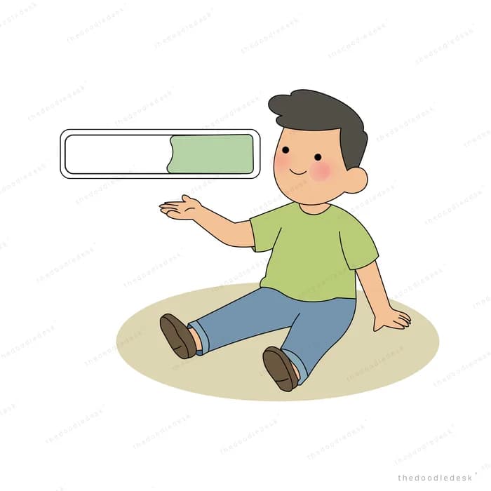 Boy sitting on the floor watching a long loading progress bar float in front of him