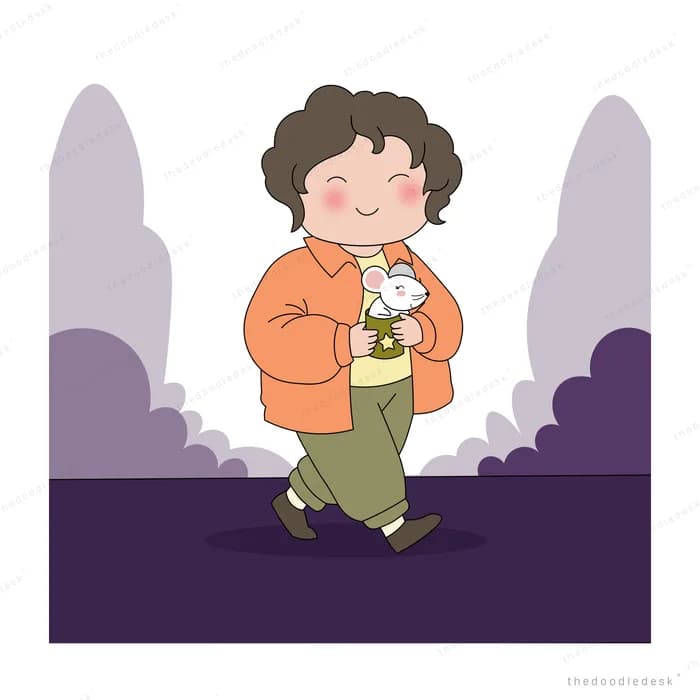 Boy in an orange coat walking along a dark street eating an ice cream