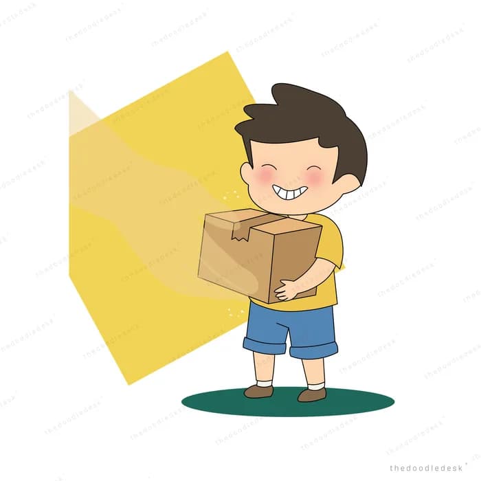 Boy hoisting a large cardboard box onto his shoulder with light streaming behind