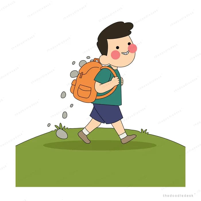 Boy walking across a green hill with stones tumbling out of his orange backpack