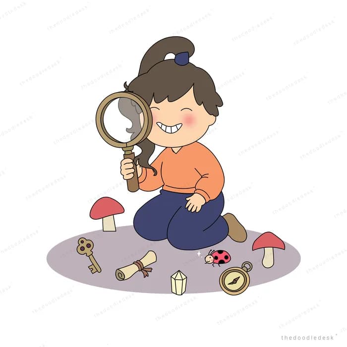 Girl kneeling with a magnifying glass over scattered keys, scrolls and a compass
