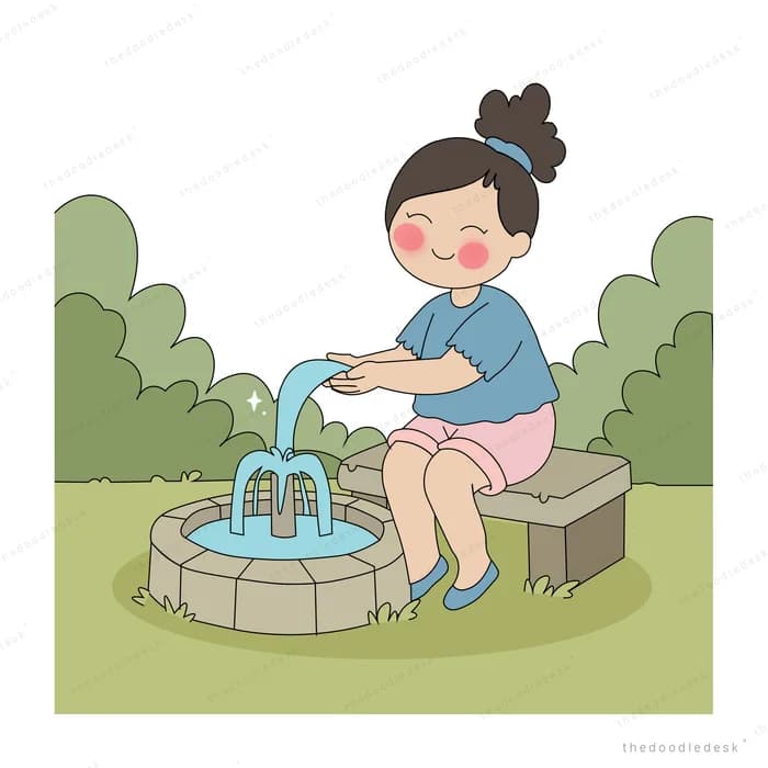 Boy sitting on the rim of a stone fountain washing his hands in the water