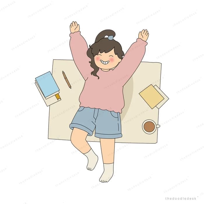 Girl lying back on a big sheet of paper stretching her arms out beside a book and cup