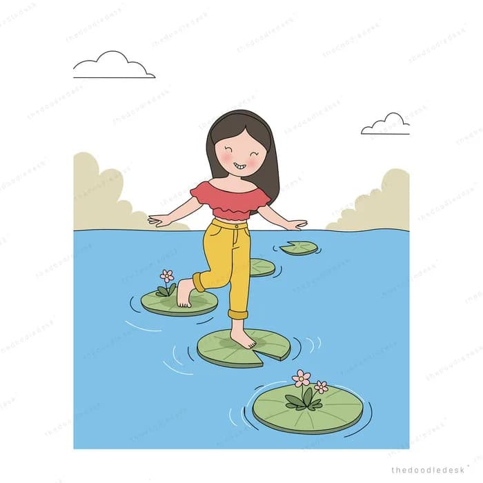 Girl stepping from one lily pad to the next across a blue lake