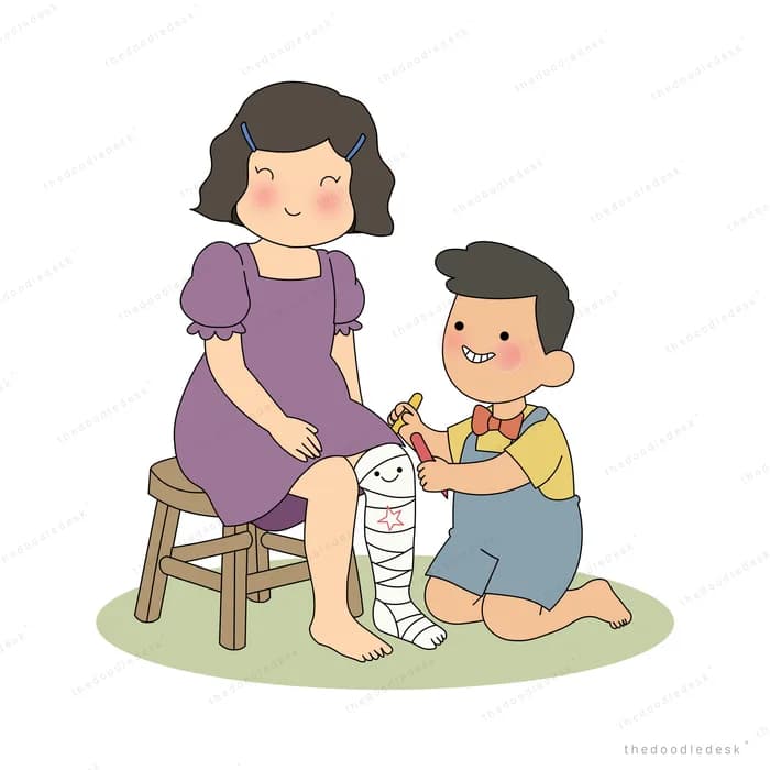 Boy in overalls kneeling to wrap a bandage around the leg of a girl seated on a stool