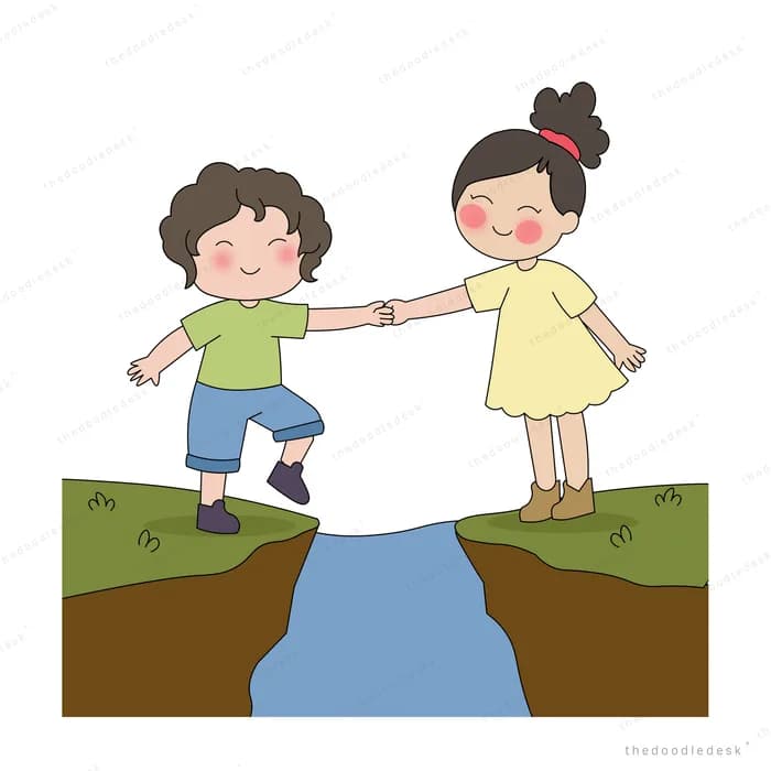 Boy reaching across a stream-cut gap in the ground to take a girl's hand