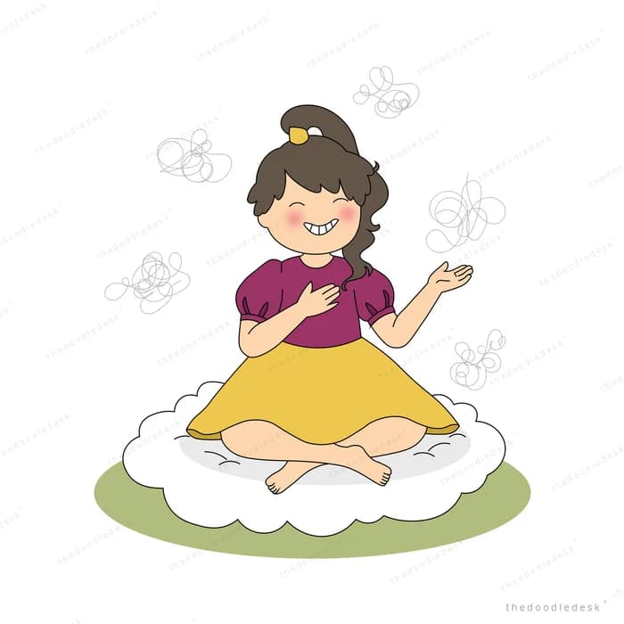 Woman sitting cross-legged on grass juggling grey objects in the air around her