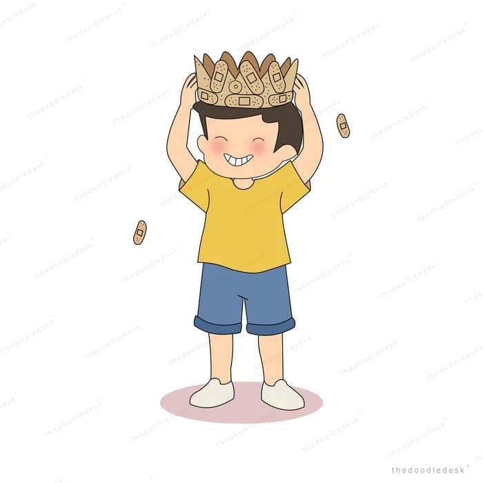 Boy lifting a golden crown onto his own head