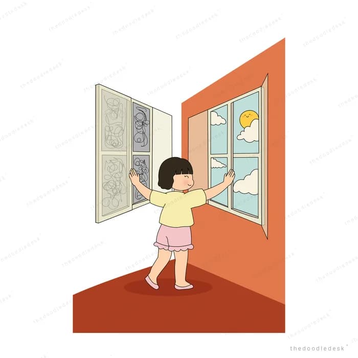 Girl pushing open a bright window onto a sunny sky beside a grey framed picture