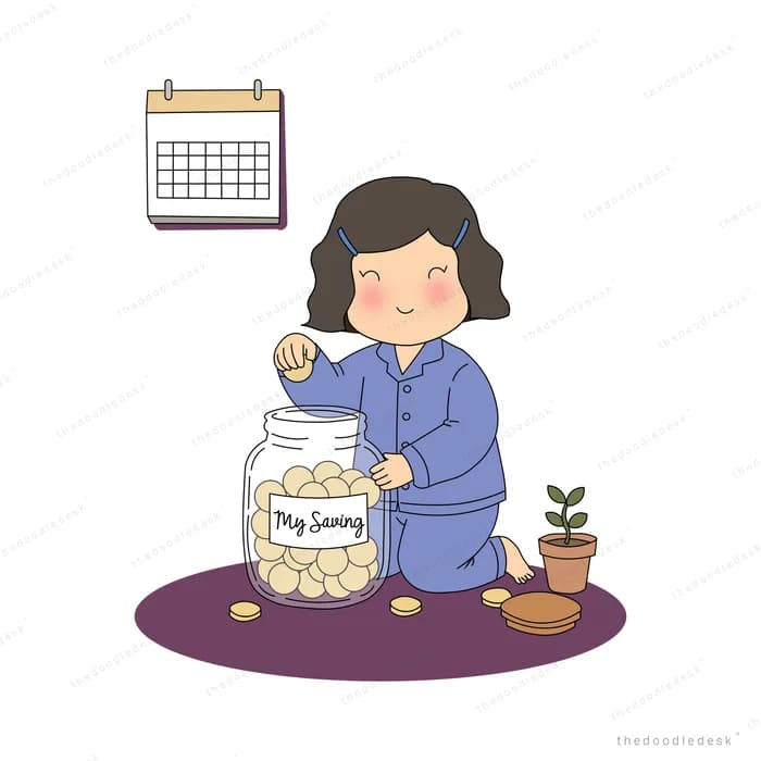 Girl in pyjamas kneeling on a rug to take a smiling cookie from a big glass jar under a wall calendar