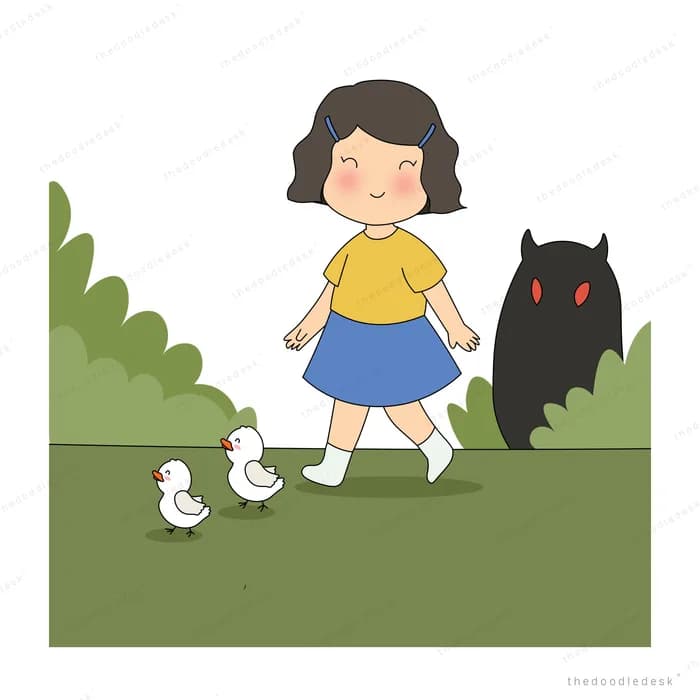 Girl walking across a lawn past a duck while a dark shadow creature follows behind her