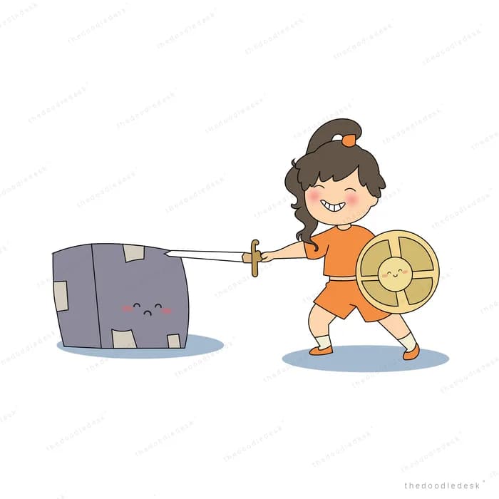Girl with a golden shield dragging a heavy sad grey box behind her on a rope