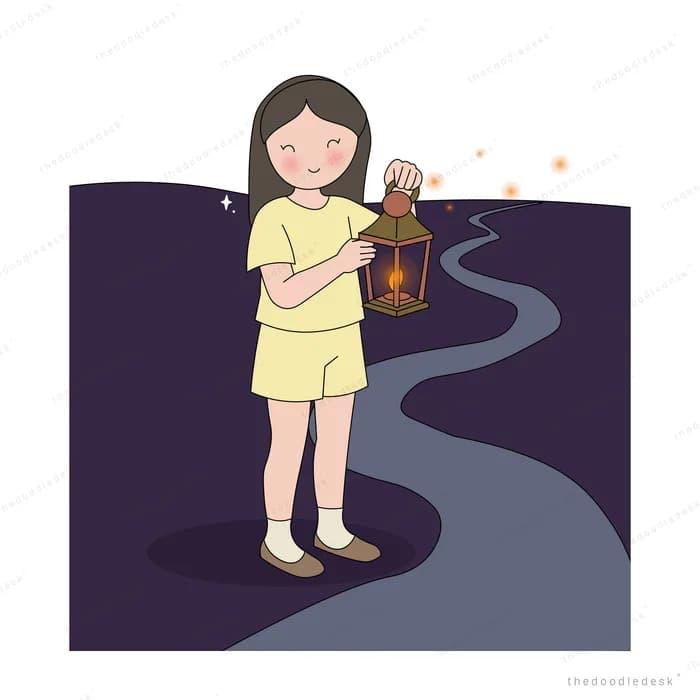 Girl holding an oil lantern at the start of a dark winding path at night