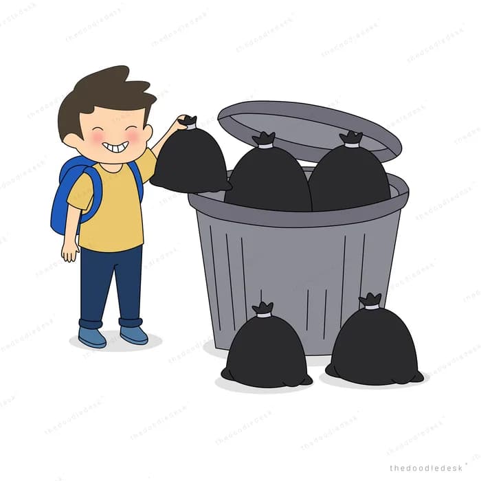 Boy with a backpack dropping a black rubbish bag into an overflowing dustbin