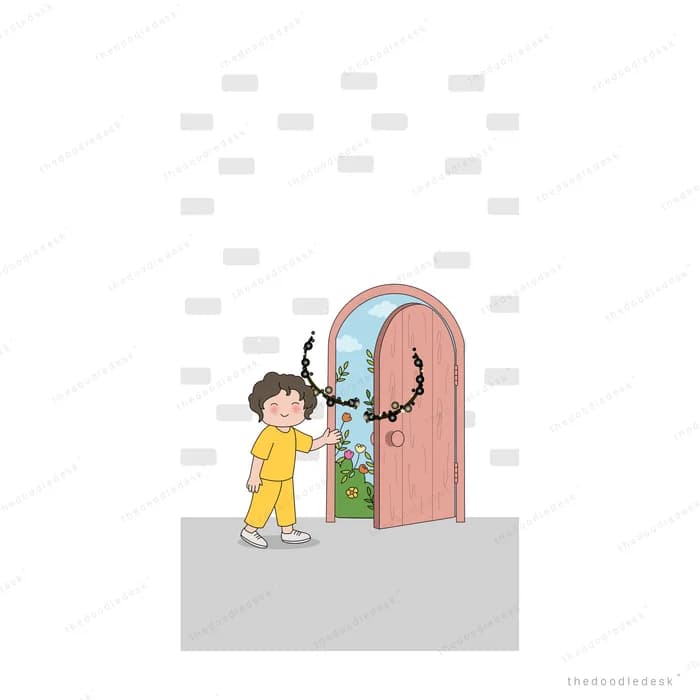 Small girl in yellow opening a pink door in a grey brick wall onto a bright green world