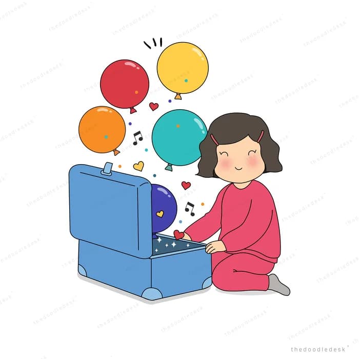 Girl kneeling beside an open blue suitcase as balloons and hearts float out of it