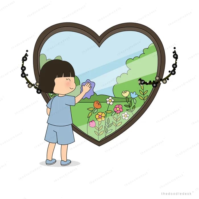 Boy wiping black smudges off a heart-shaped window that looks out onto a flower meadow