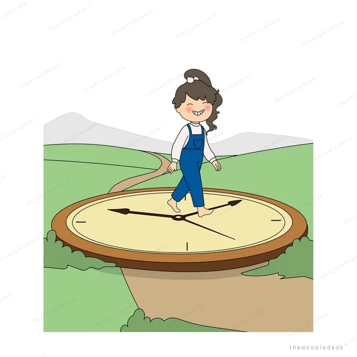 Girl walking across a giant compass face turning its needle with a rope