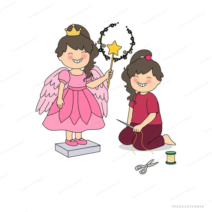 Girl kneeling with thread beside a smiling fairy in a pink gown with wings and a crown on a pedestal