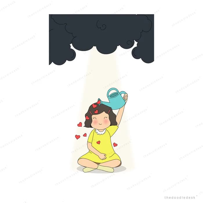 Girl kneeling under a black storm cloud pouring water from a teapot over her own head