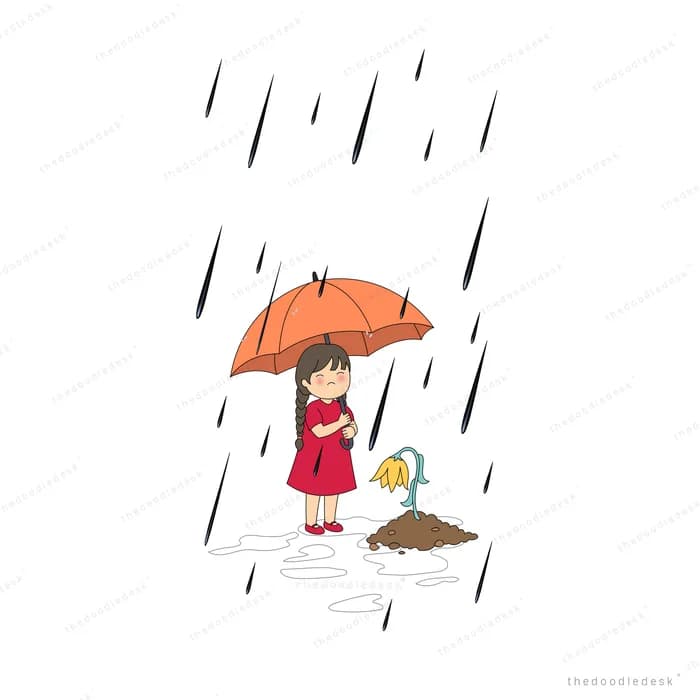 Small girl under an orange umbrella in heavy rain holding a watering can that pours out too