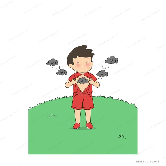 Boy in red opening his shirt to show a grey cloud in his chest as more grey clouds hover around him