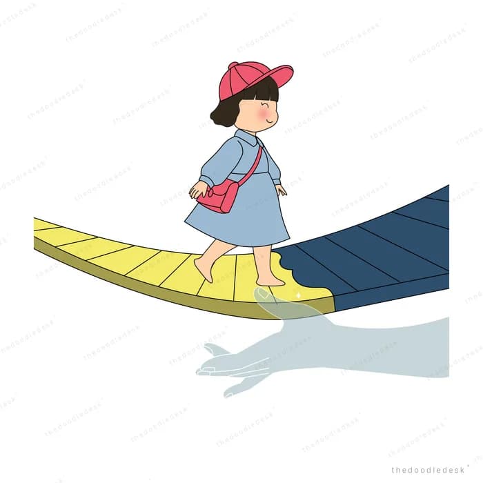 Girl in a red cap with a shoulder bag balancing along a bending plank