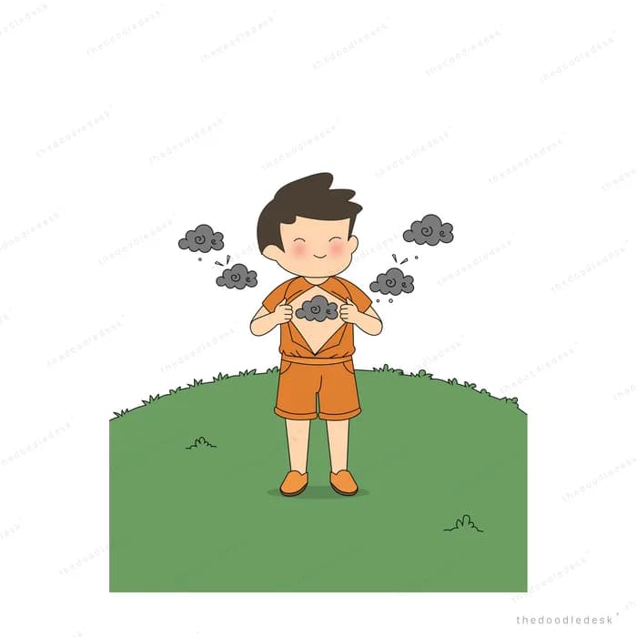 Boy in orange opening his shirt to show a grey cloud in his chest as more grey clouds hover around him