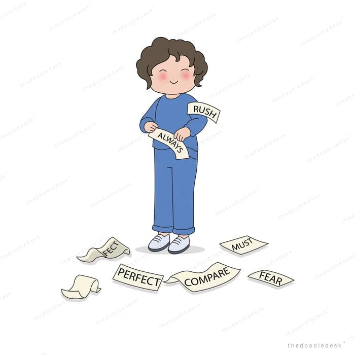 Girl tearing up paper labels and dropping the torn pieces at her feet