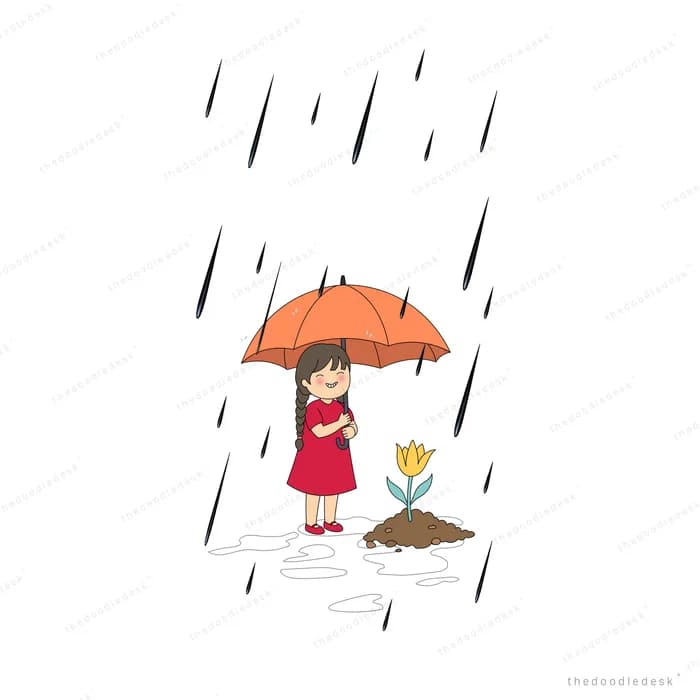 Small girl under an orange umbrella in heavy rain beside a tulip growing in a patch of soil