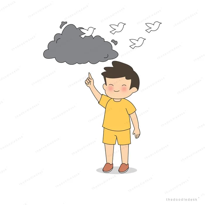 Boy in yellow pointing up at a grey cloud as white birds fly out of it