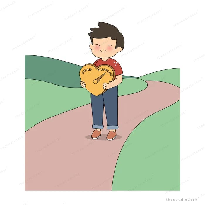 Boy carrying a big golden heart along a pink path winding through green fields