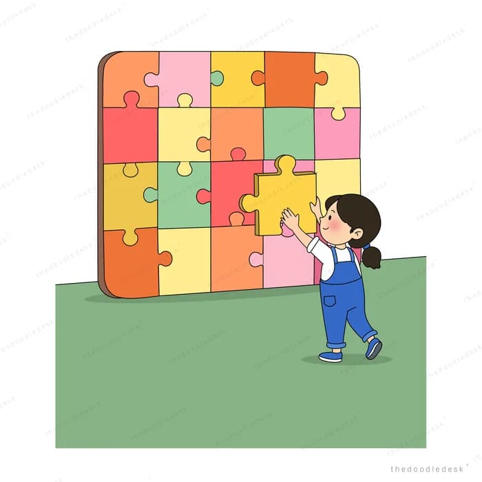 Girl in dungarees pressing the last piece into a huge colourful jigsaw wall