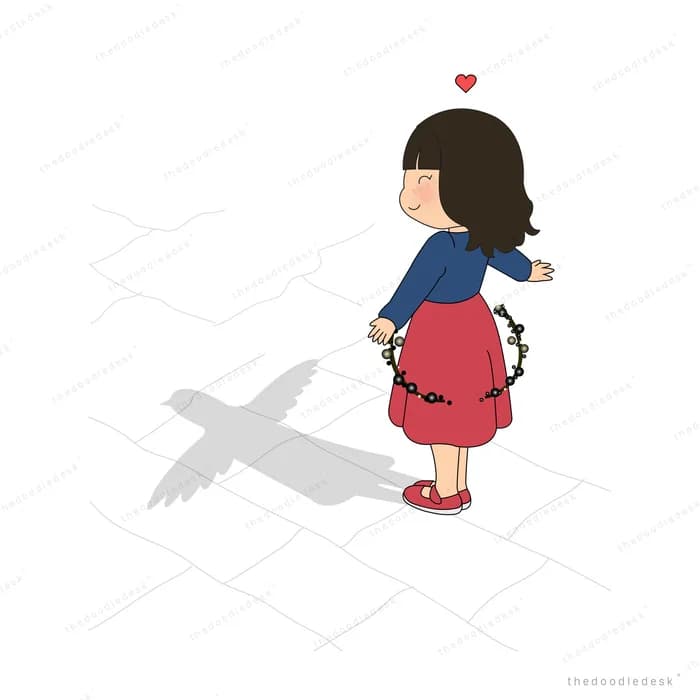 Girl standing on pale ground with the shadow of a plane crossing beneath her and a red heart above