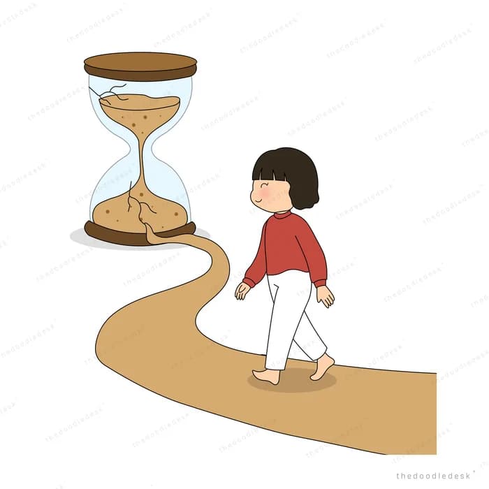 Girl in a red cape walking along a path of sand pouring out of a giant hourglass