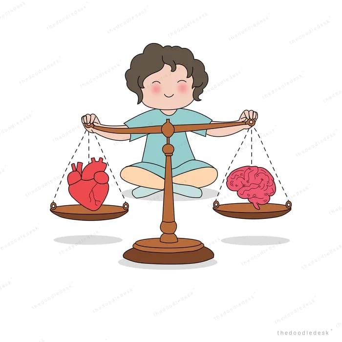 Boy sitting cross-legged holding up a balance scale with a heart on one pan and a brain on the other