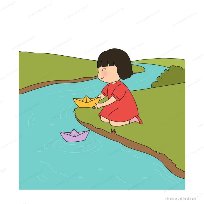 Girl in red kneeling on the bank setting paper boats onto a stream