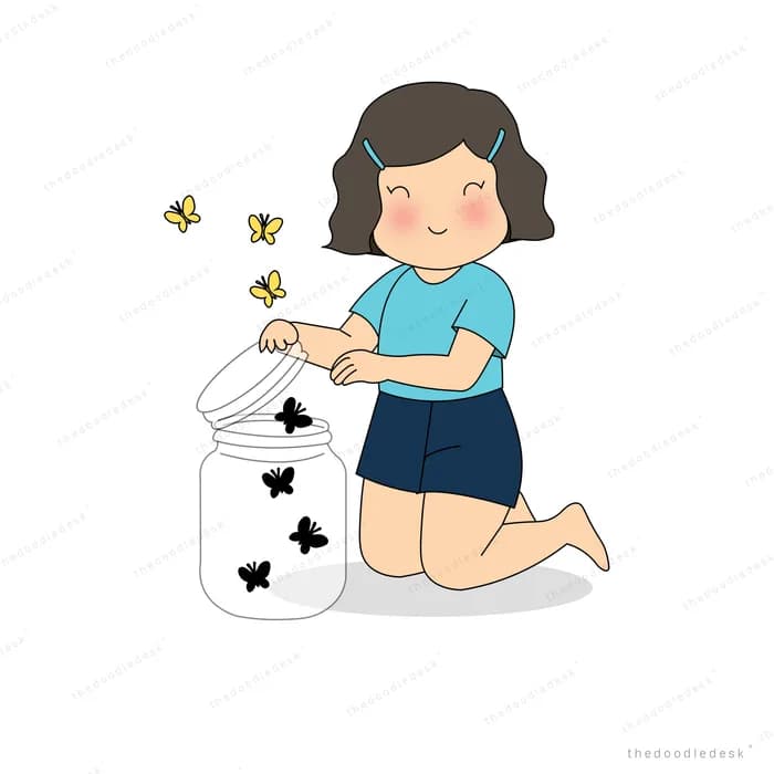 Girl kneeling to open a glass jar and let black butterflies fly out