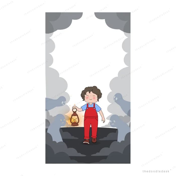 Girl in red dungarees standing in a small boat in thick grey fog holding up a lantern with a teddy bear beside her