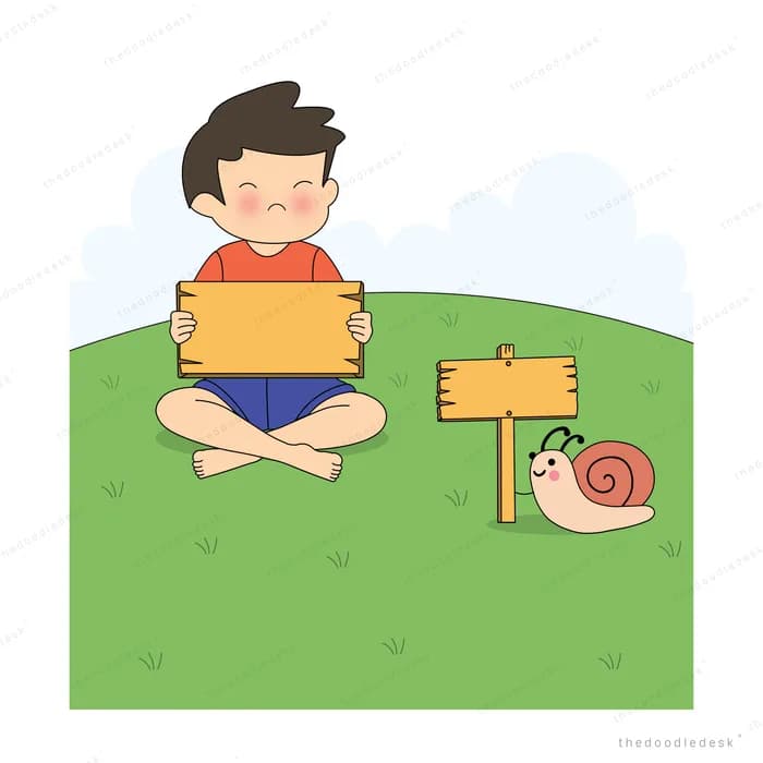 Boy sitting cross-legged on grass holding a blank wooden sign beside a toppled signpost with a ladybug