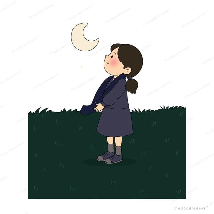 Girl in a school uniform looking up at a crescent moon in a dark sky holding a feather