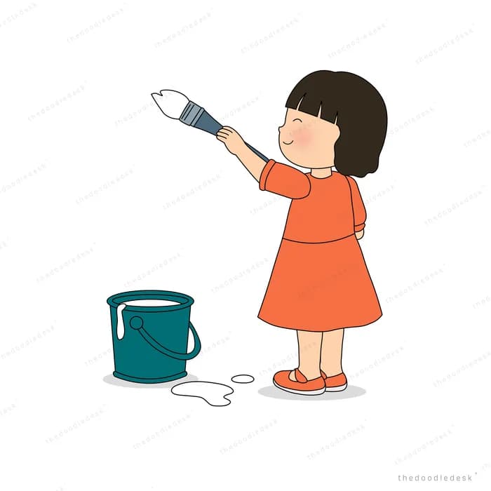 Girl in an orange dress holding up a loaded paintbrush with a bucket of paint at her feet