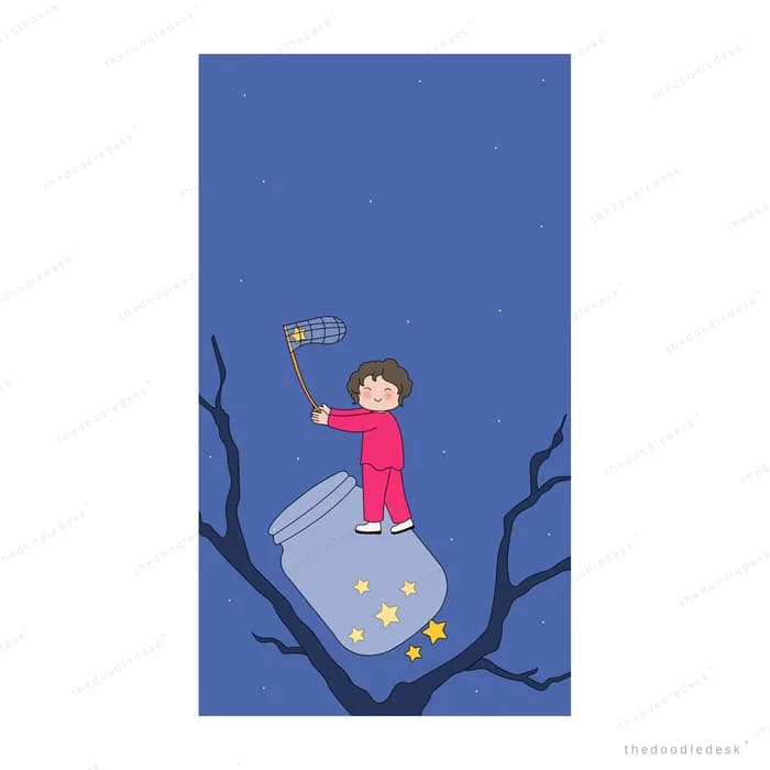 Small figure in pink waving a flag on a dark blue mountainside as gold specks scatter below
